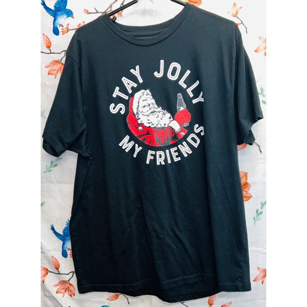 Holiday Time Black (46-48) XL "Stay Jolly My Friends" Santa Short Sleeve  Tshirt